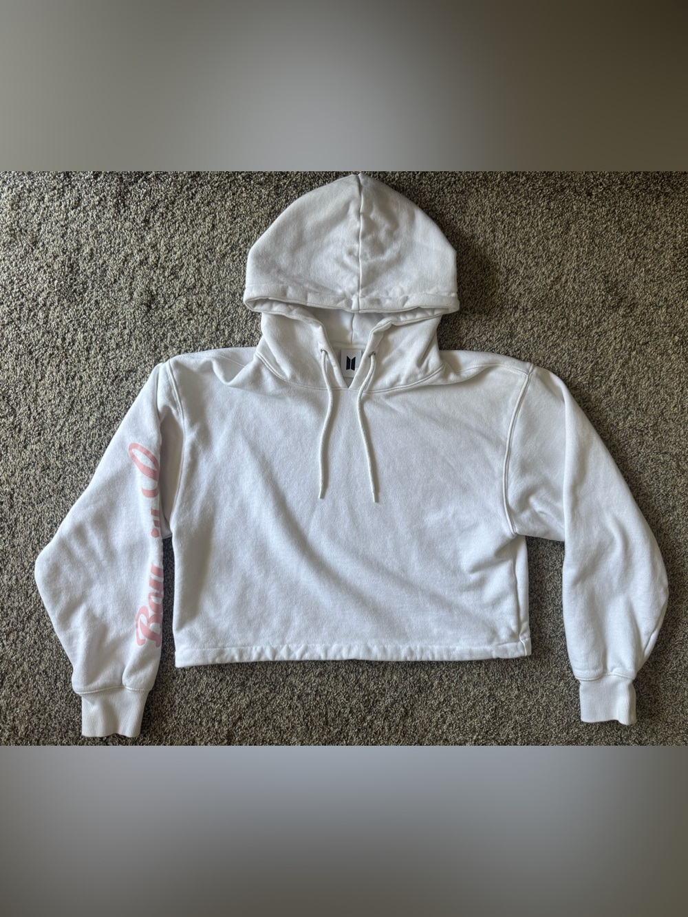 BTS Boy With Luv Nordstrom White Drawstring Cropped Pullover Hoodie with Logo